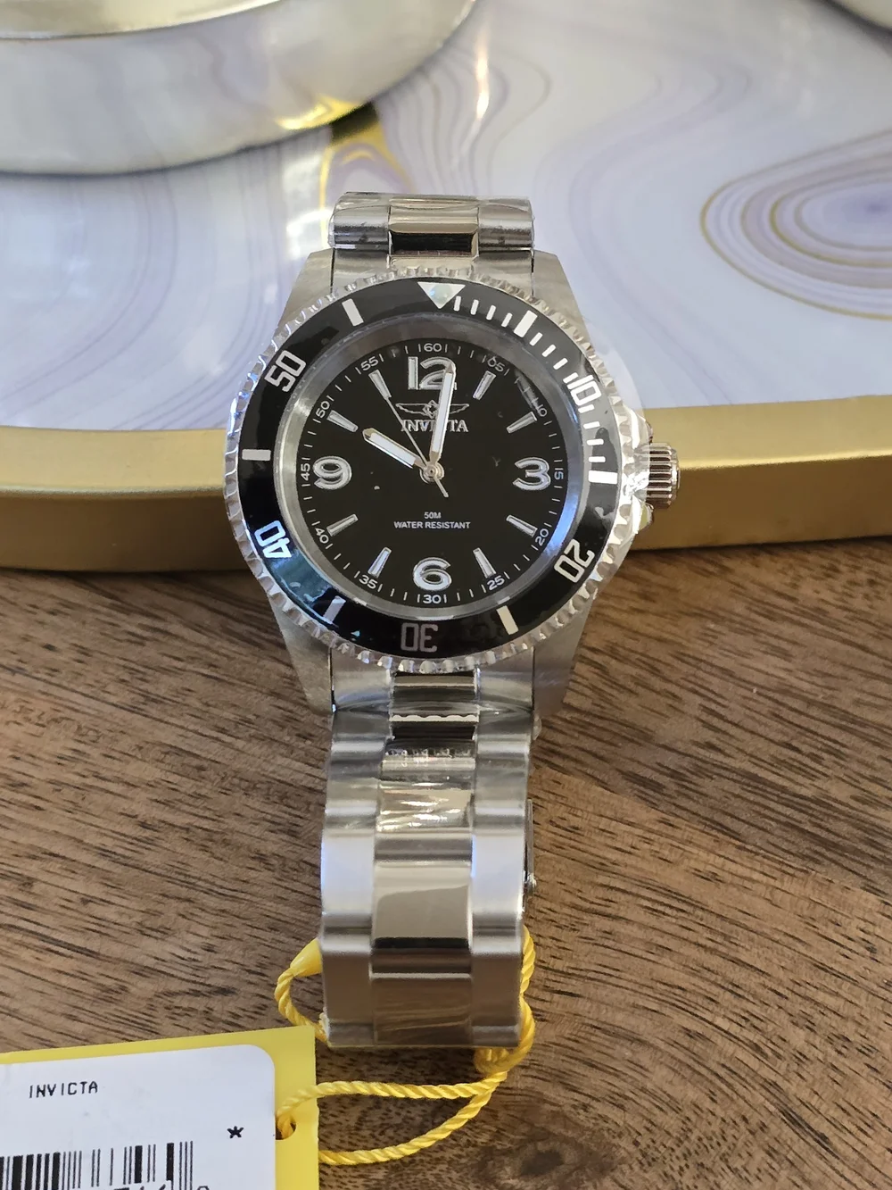 Invicta Silver Stainless Steel Watch with Black Dial and Bezel